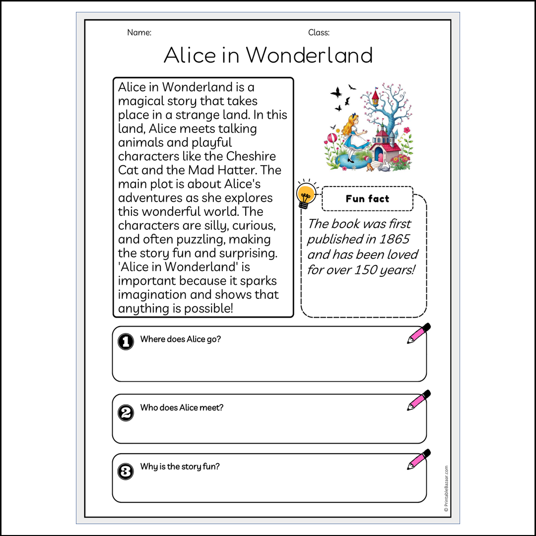 Alice in Wonderland | Reading Passage Comprehension Questions Writing Facts Worksheet