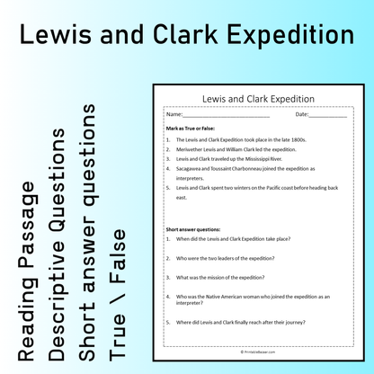 Lewis and Clark Expedition | Reading Comprehension Passage Printable Worksheet