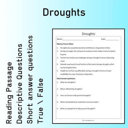 Droughts | Reading Comprehension Passage Printable Worksheet