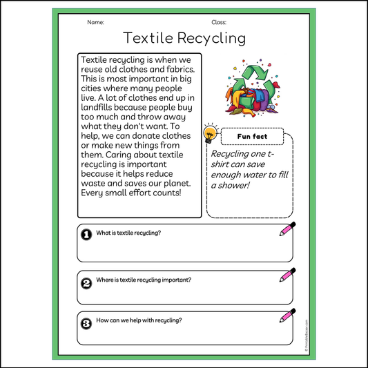 Textile Recycling | Reading Passage Comprehension Questions Writing Facts Worksheet