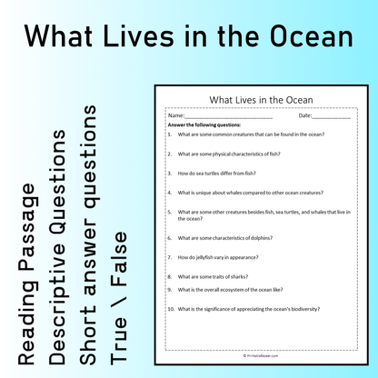 What Lives in the Ocean | Reading Comprehension Passage Printable Worksheet