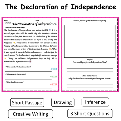 The Declaration of Independence | Short Reading Comprehension Creative Worksheet