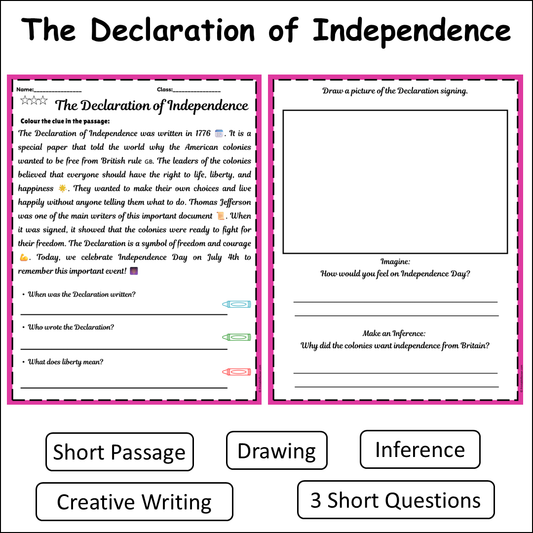 The Declaration of Independence | Short Reading Comprehension Creative Worksheet