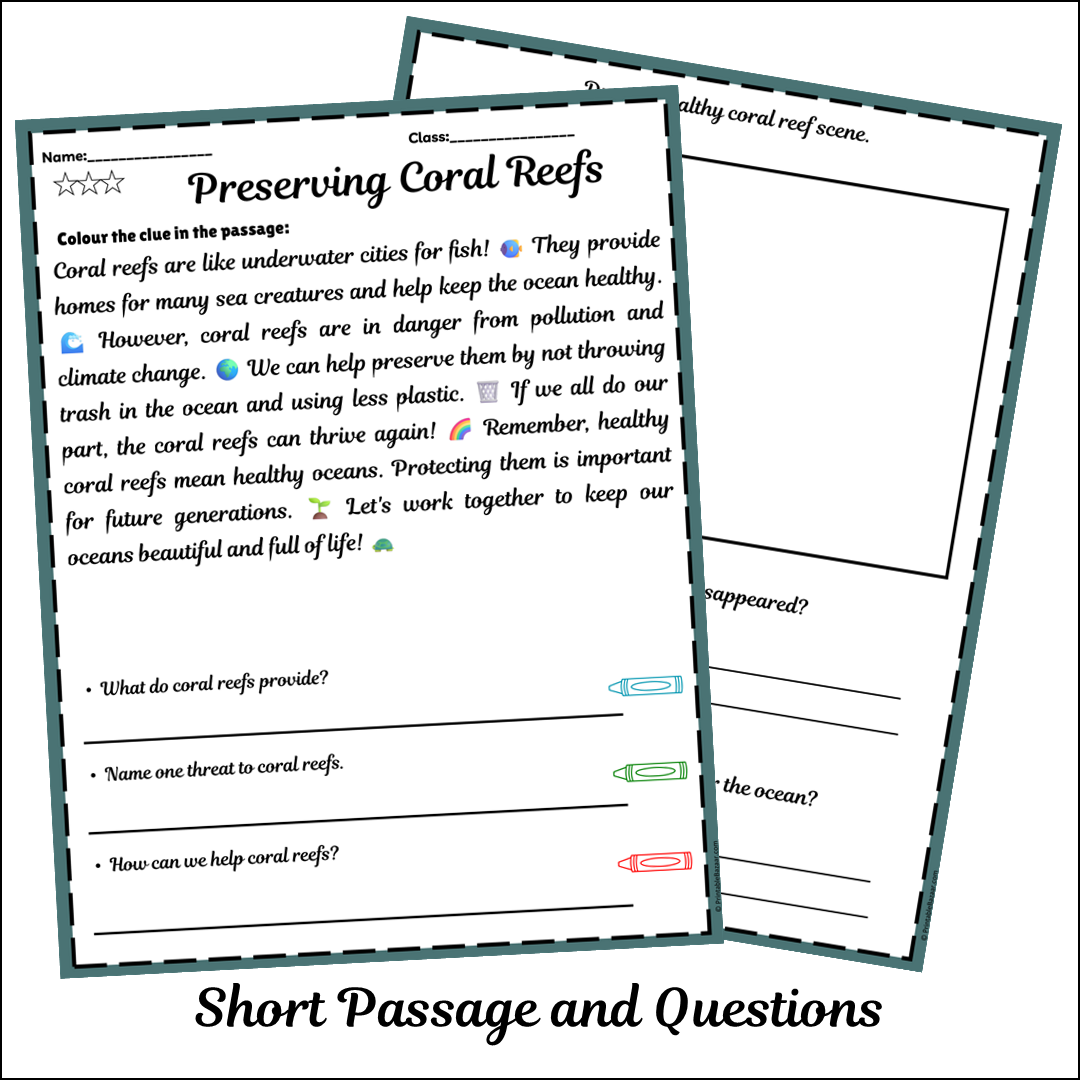 Preserving Coral Reefs | Short Reading Comprehension Creative Worksheet