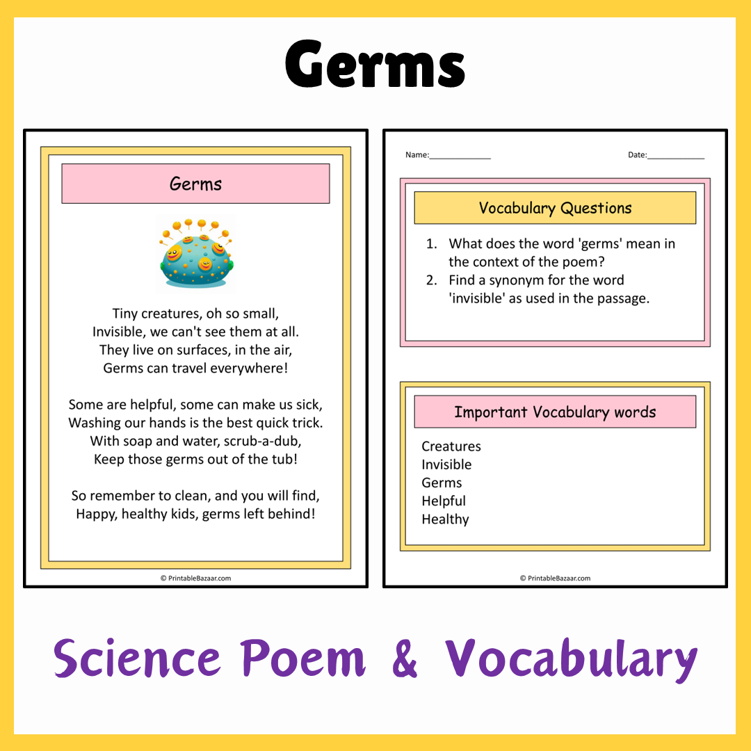 Germs | Science Poem Reading Comprehension Activity