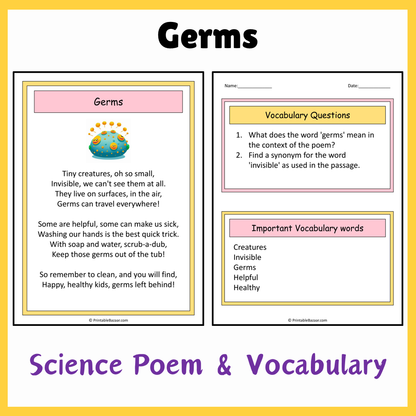 Germs | Science Poem Reading Comprehension Activity