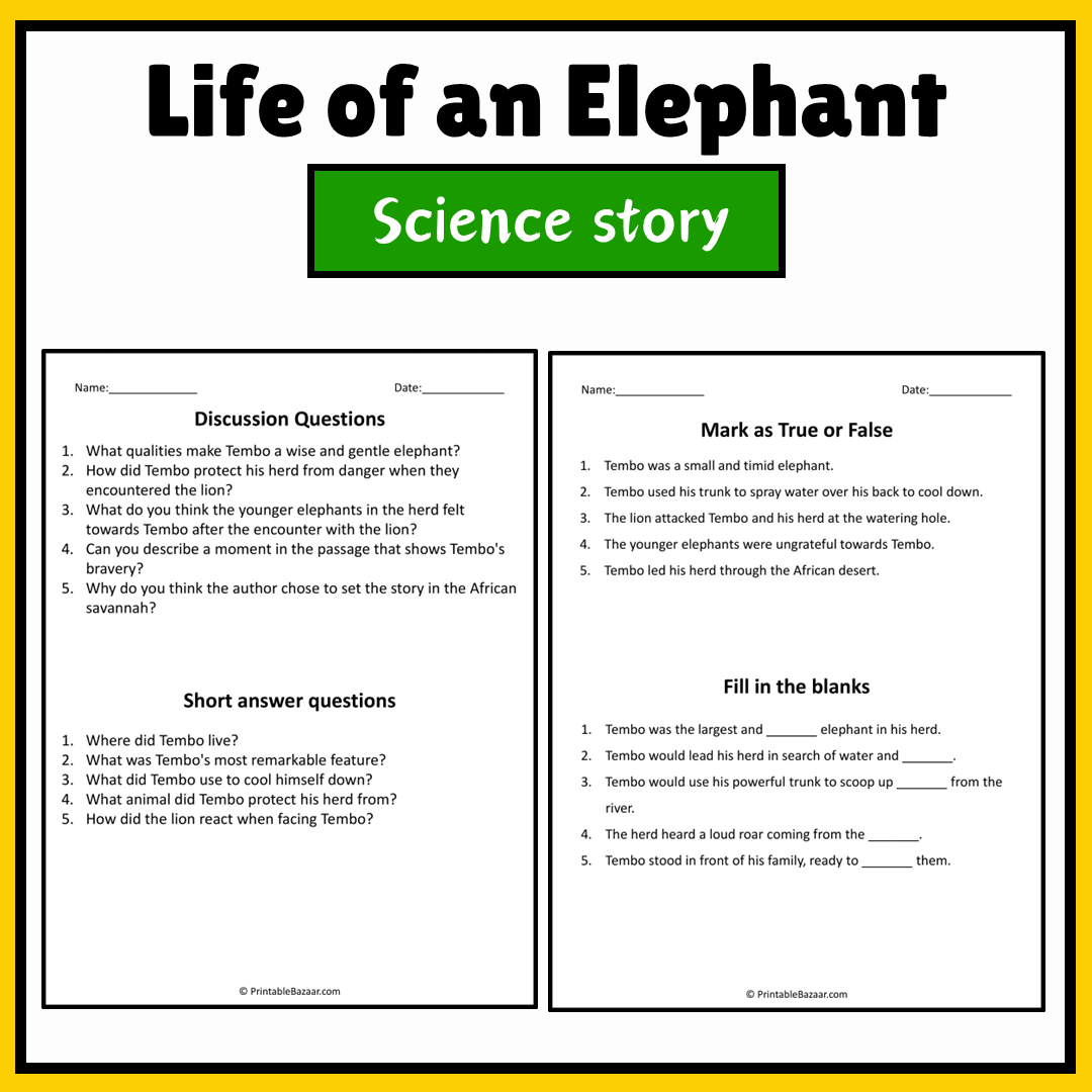 Life of an Elephant | Science Story Reading Comprehension Activity