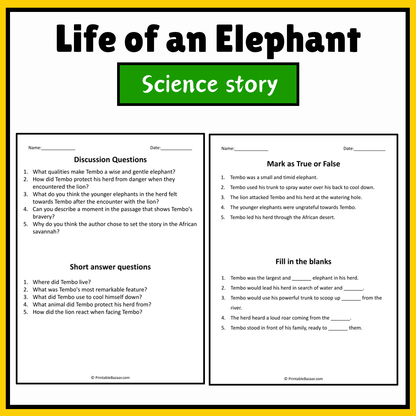 Life of an Elephant | Science Story Reading Comprehension Activity