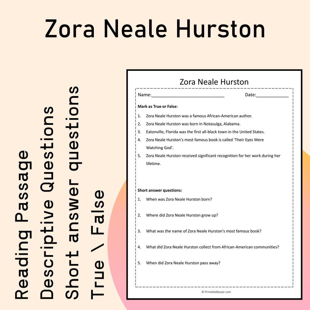 Zora Neale Hurston | Reading Comprehension Passage Printable Activity