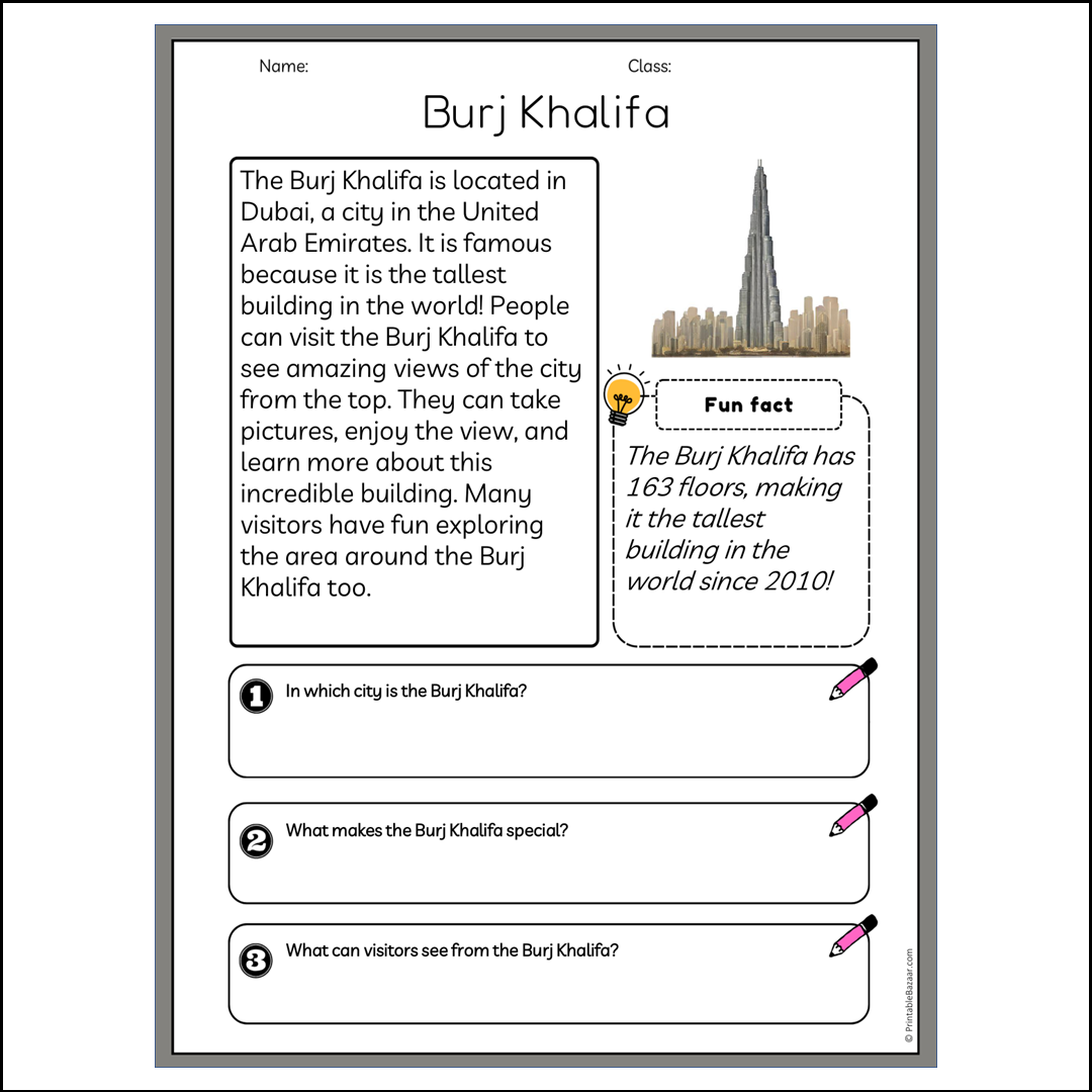 Burj Khalifa | Reading Passage Comprehension Questions Writing Facts Worksheet