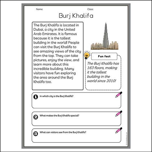 Burj Khalifa | Reading Passage Comprehension Questions Writing Facts Worksheet