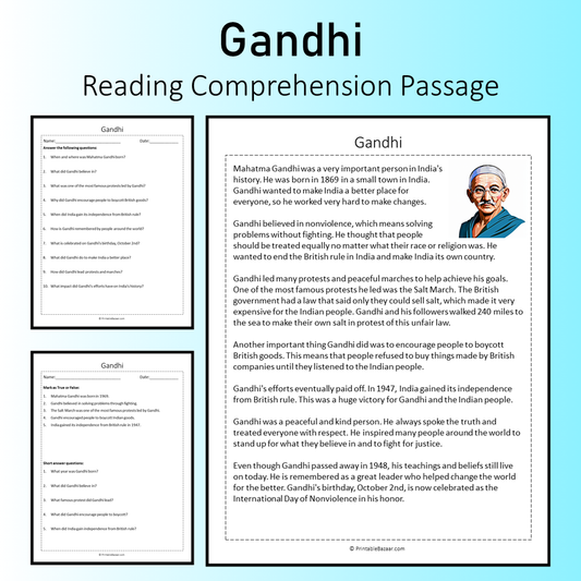 Gandhi | Reading Comprehension Passage Printable Worksheet