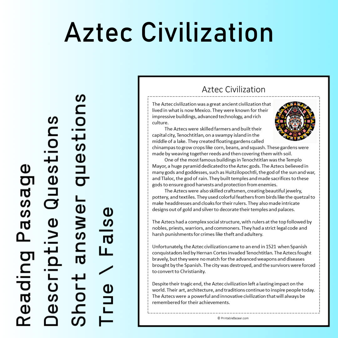 Aztec Civilization | Reading Comprehension Passage Printable Worksheet