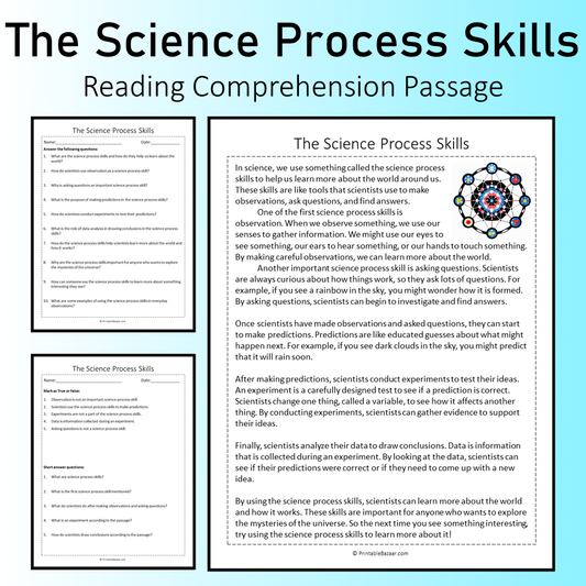 The Science Process Skills | Reading Comprehension Passage Printable Worksheet