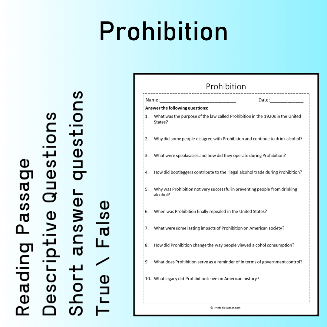 Prohibition | Reading Comprehension Passage Printable Worksheet