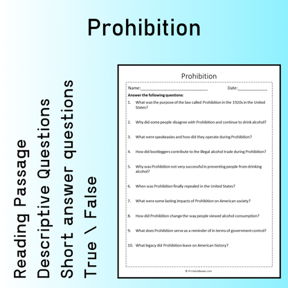 Prohibition | Reading Comprehension Passage Printable Worksheet