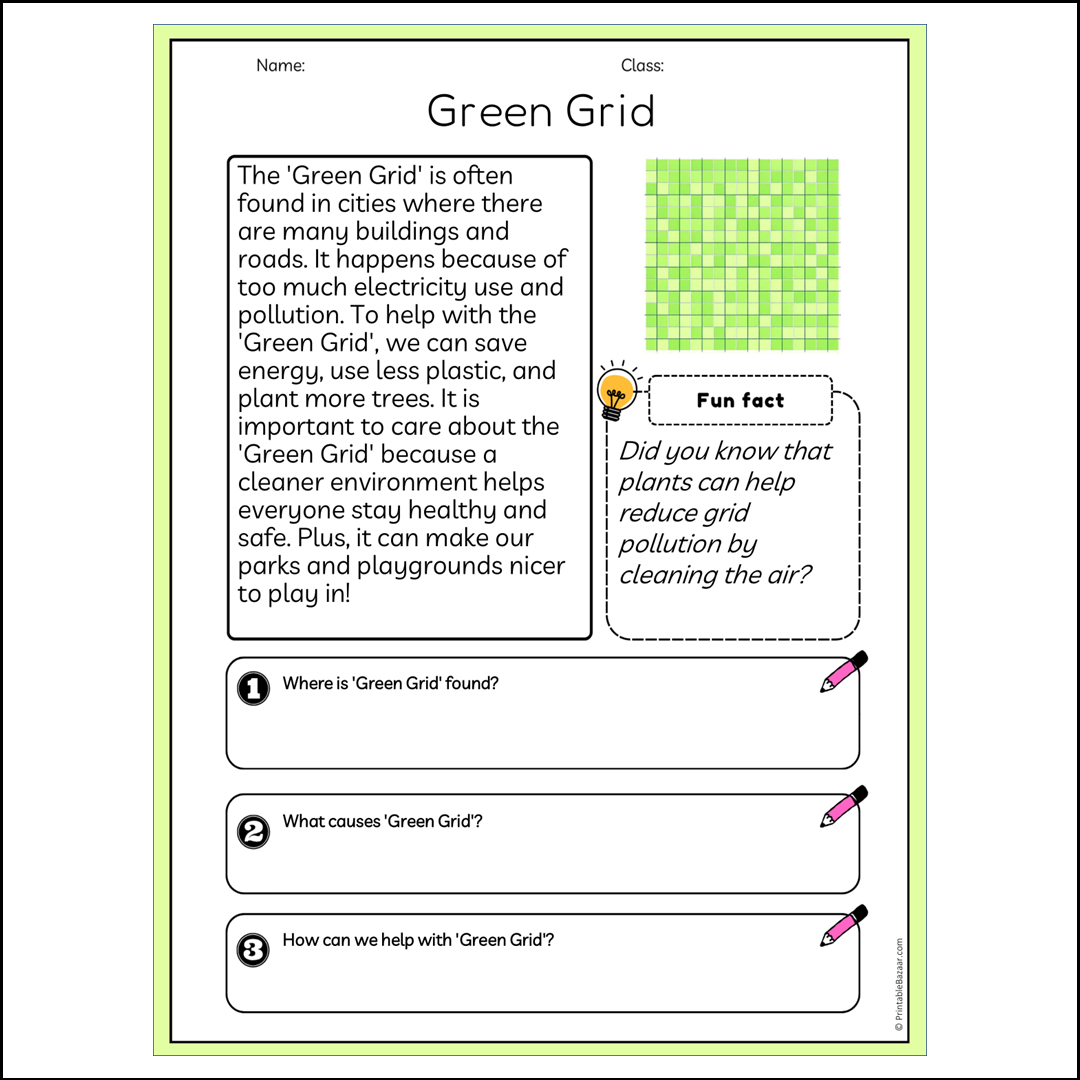 Green Grid | Reading Passage Comprehension Questions Writing Facts Worksheet