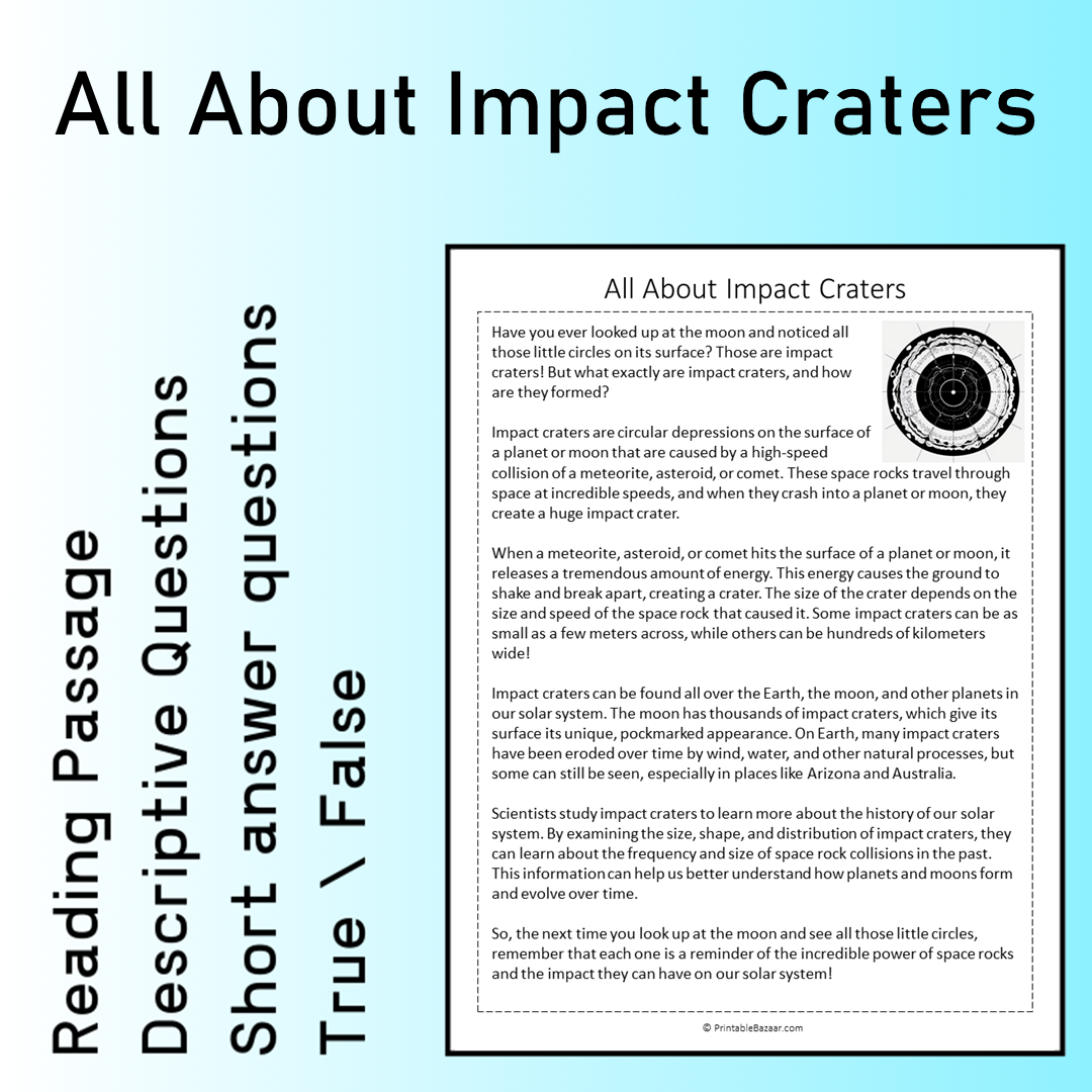 All About Impact Craters | Reading Comprehension Passage Printable Worksheet