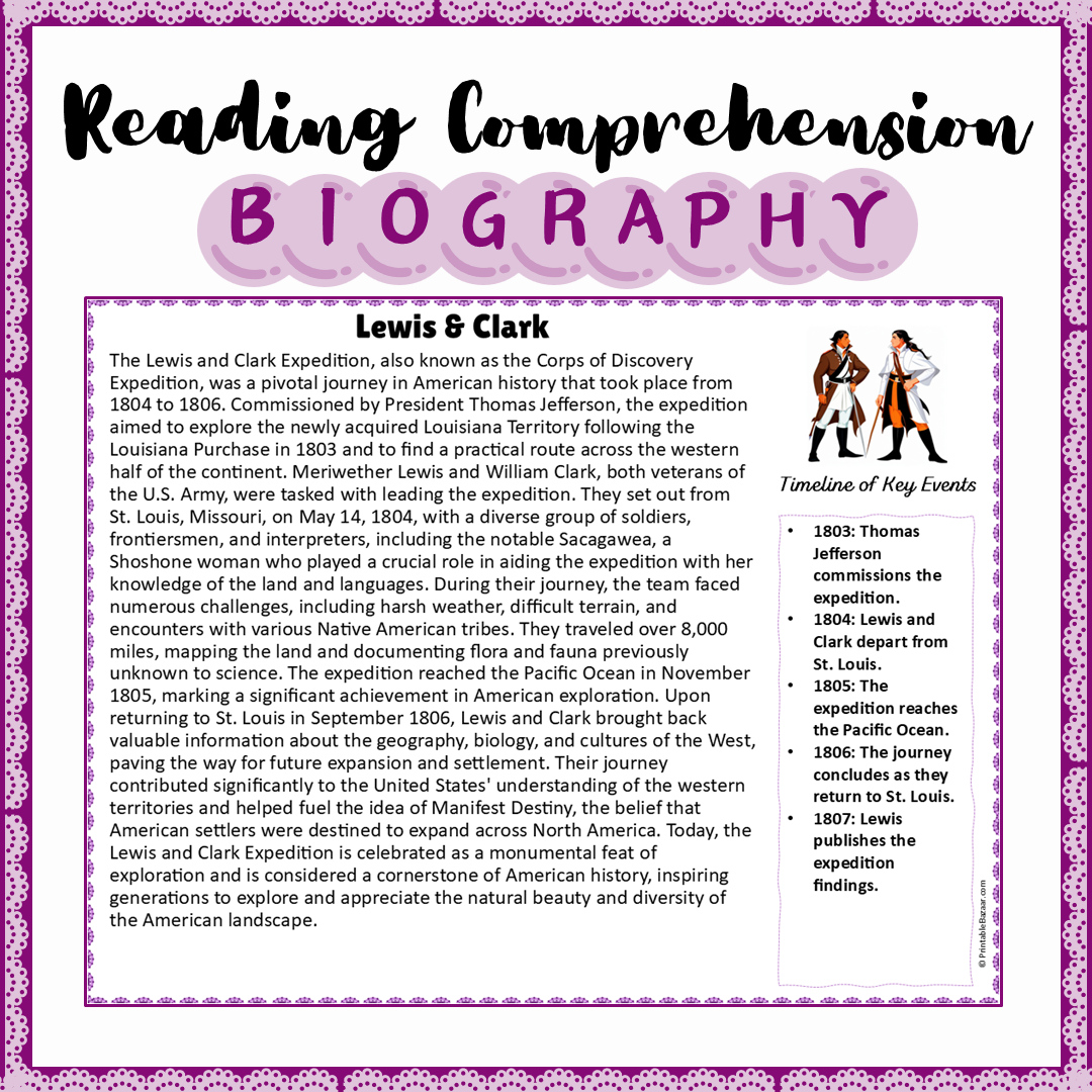 Lewis & Clark | Biography Reading Comprehension and Questions Worksheet