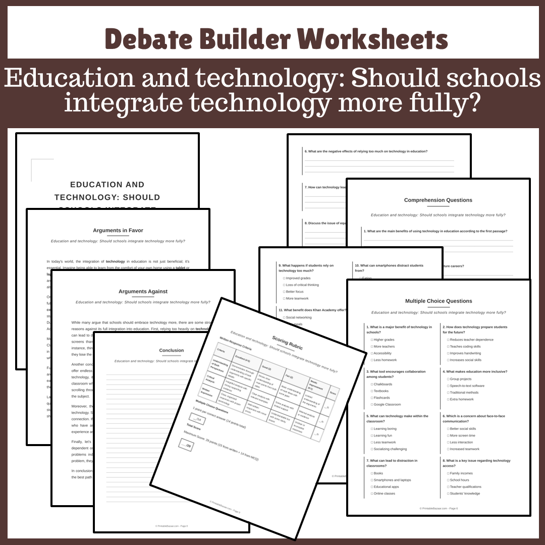 Education and technology: Should schools integrate technology more fully? | Favour and Against Worksheet Printable Activity
