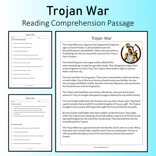 Trojan War | Reading Comprehension Passage Printable Worksheet