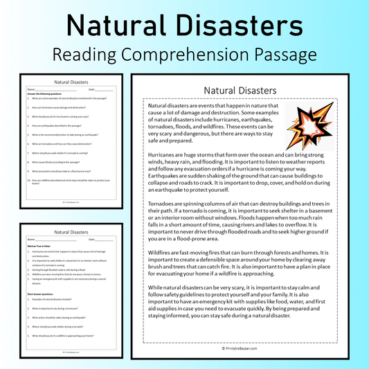 Natural Disasters | Reading Comprehension Passage Printable Worksheet