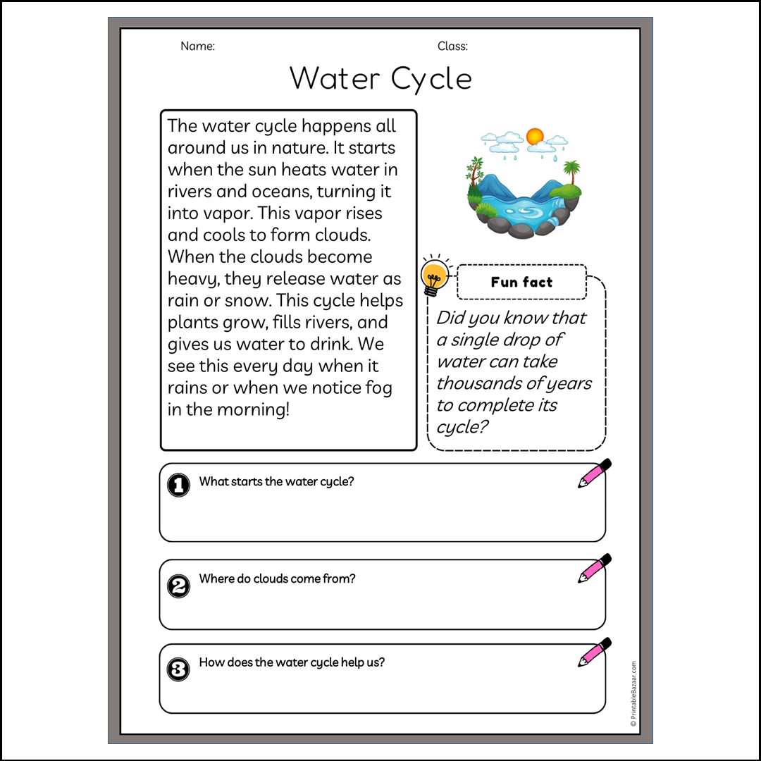 Water Cycle | Reading Passage Comprehension Questions Writing Facts Worksheet