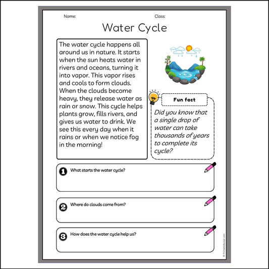 Water Cycle | Reading Passage Comprehension Questions Writing Facts Worksheet