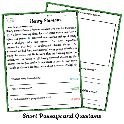 Henry Stommel | Short Reading Comprehension Creative Worksheet