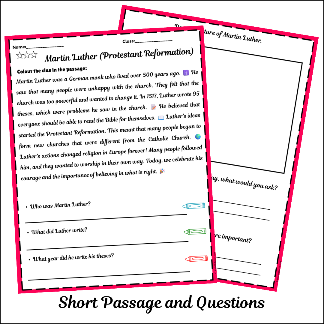 Martin Luther (Protestant Reformation) | Short Reading Comprehension Creative Worksheet
