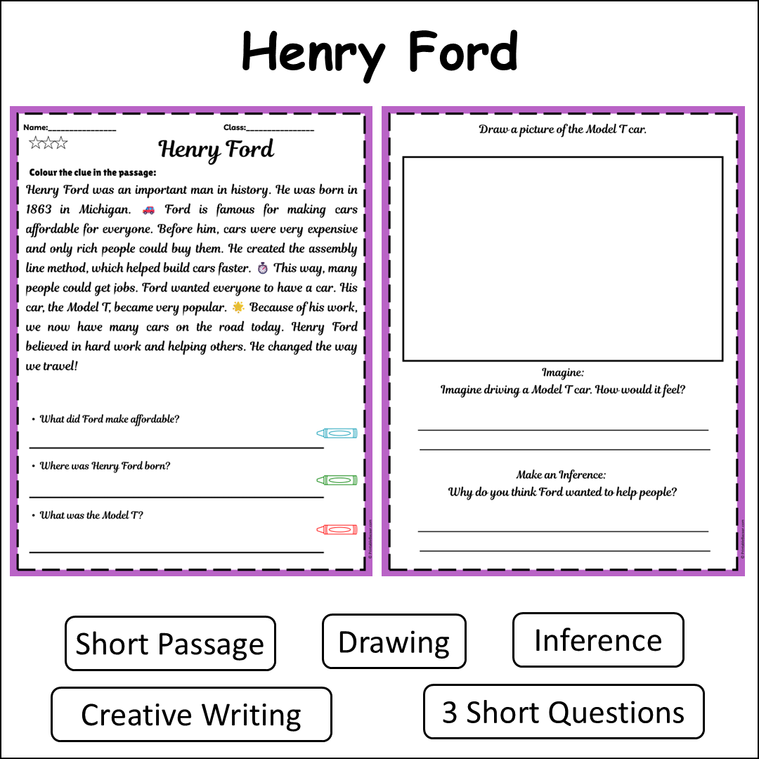 Henry Ford | Short Reading Comprehension Creative Worksheet