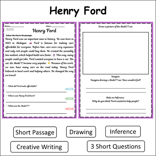 Henry Ford | Short Reading Comprehension Creative Worksheet