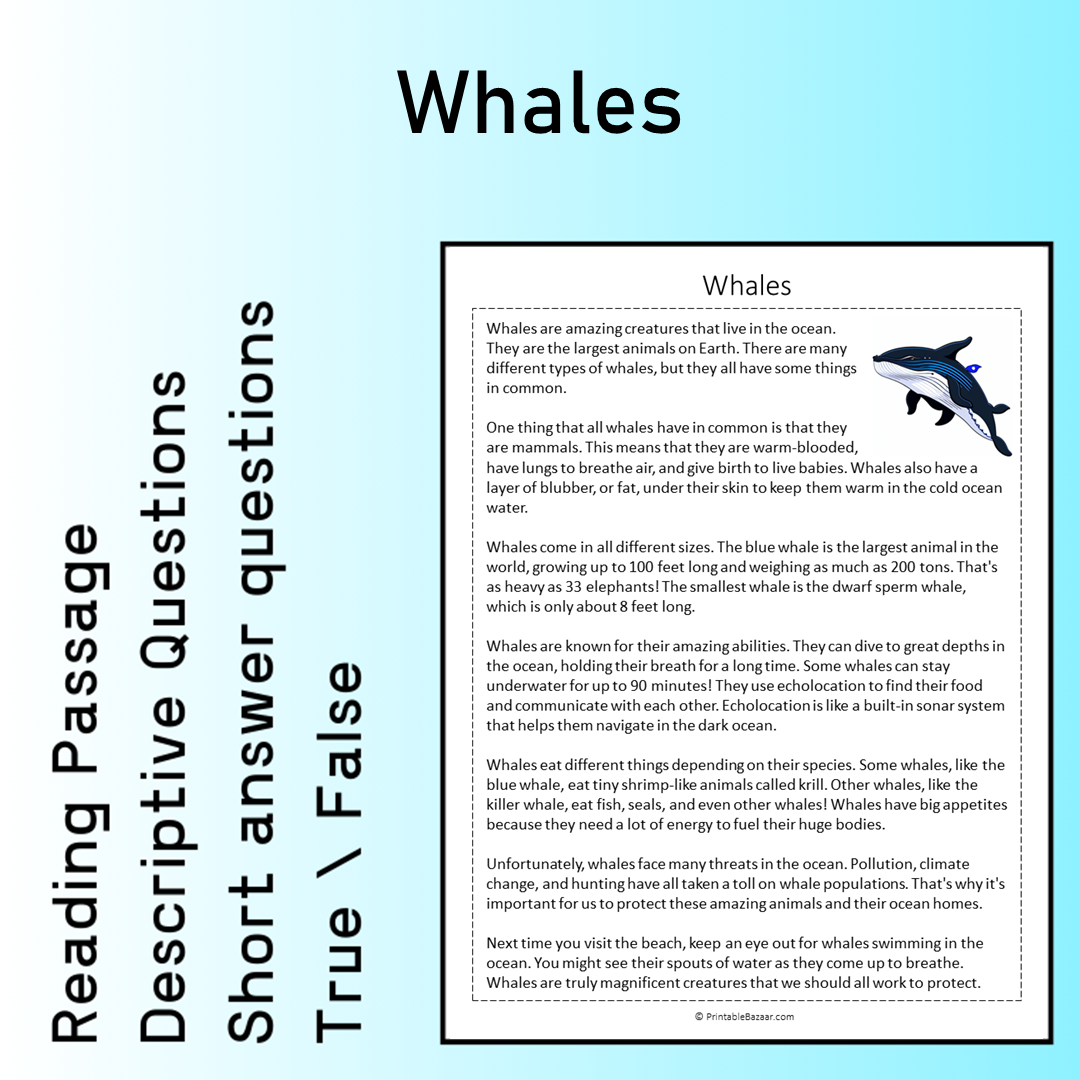 Whales | Reading Comprehension Passage Printable Worksheet