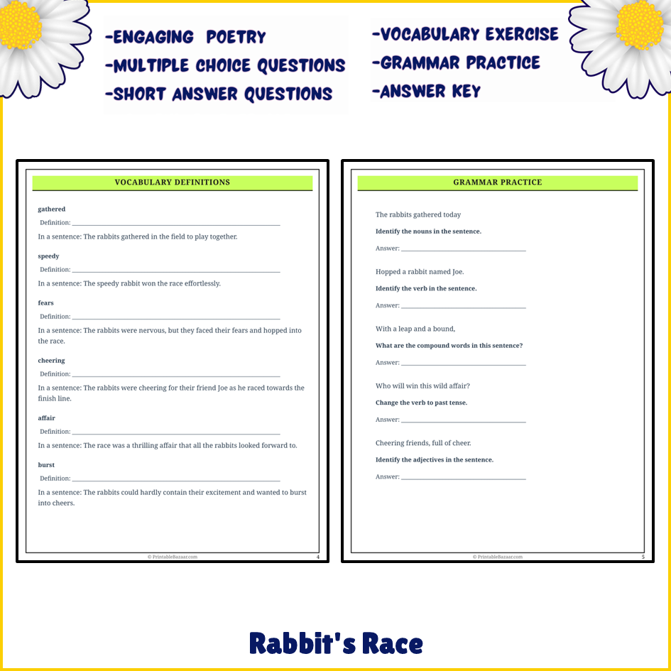 Rabbit's Race | Poem Grammar Worksheet Printable Activity