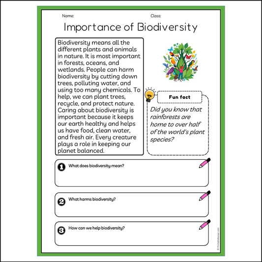 Importance of Biodiversity | Reading Passage Comprehension Questions Writing Facts Worksheet