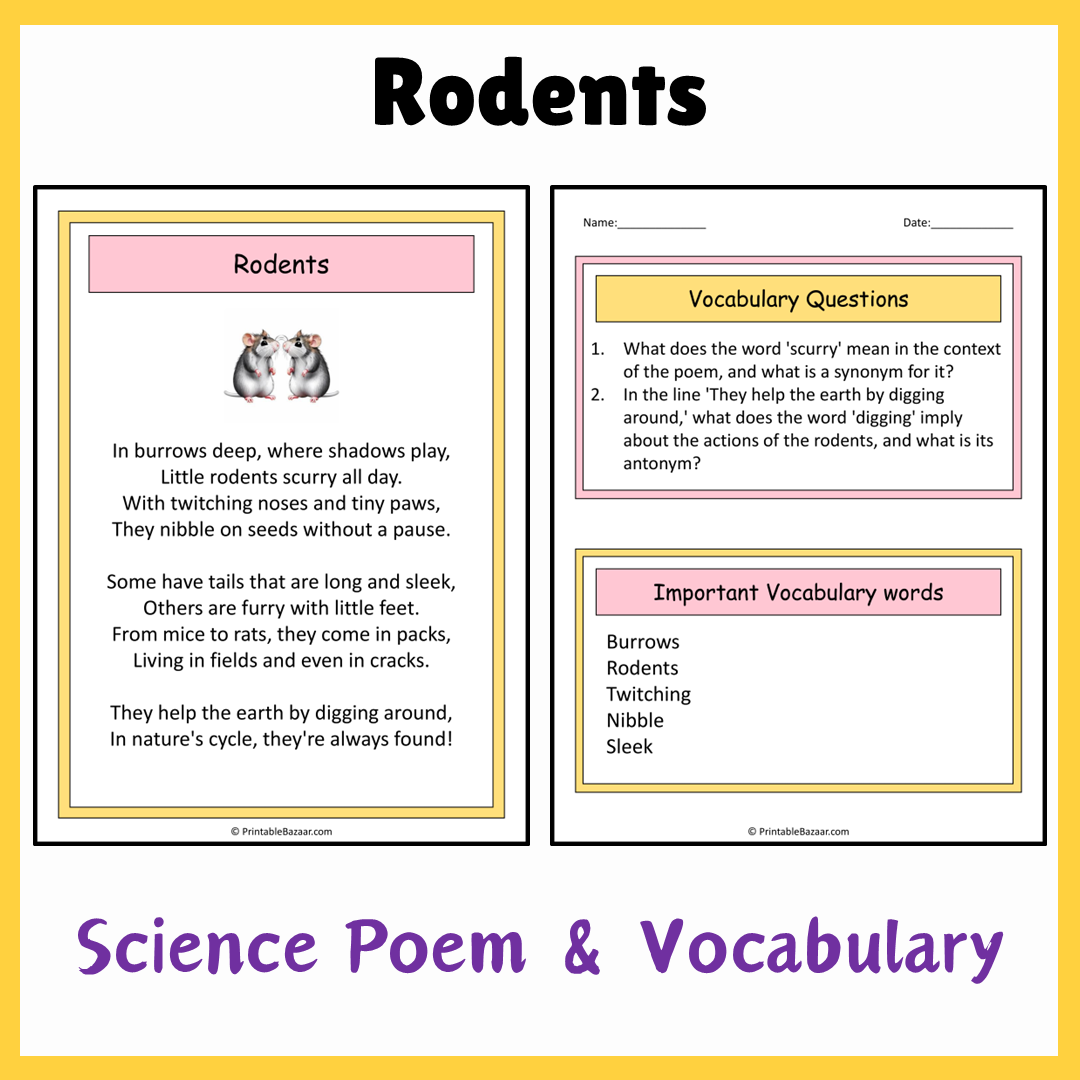 Rodents | Science Poem Reading Comprehension Activity