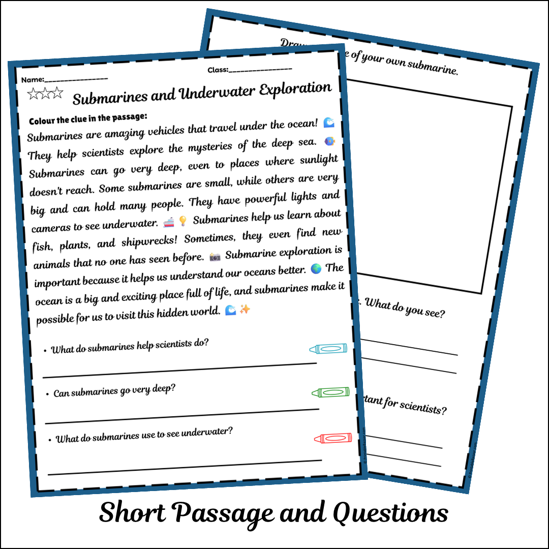 Submarines and Underwater Exploration | Short Reading Comprehension Creative Worksheet