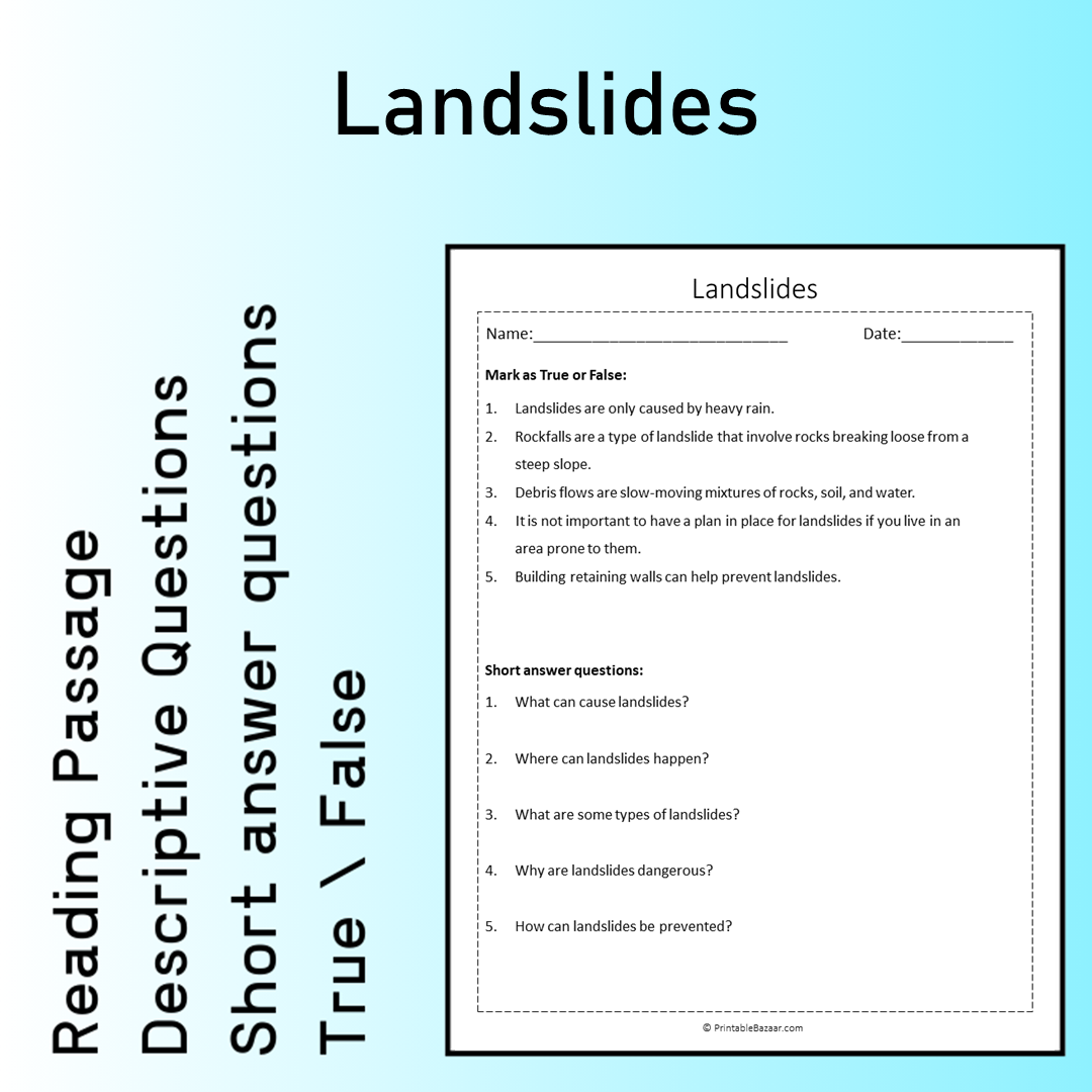 Landslides | Reading Comprehension Passage Printable Worksheet