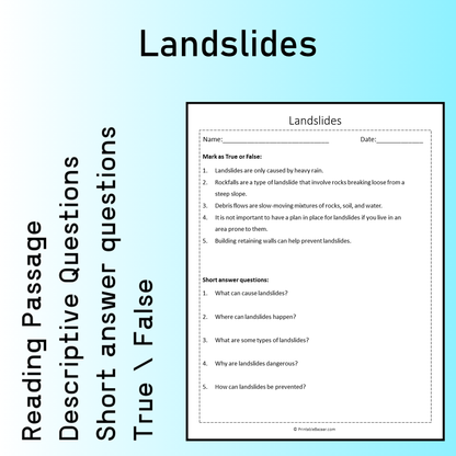 Landslides | Reading Comprehension Passage Printable Worksheet