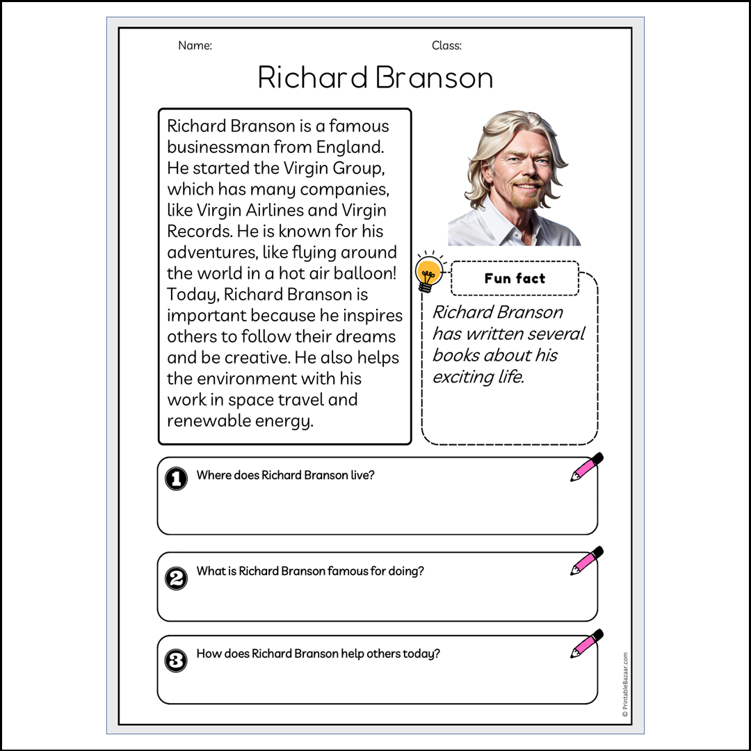 Richard Branson | Reading Passage Comprehension Questions Writing Facts Worksheet