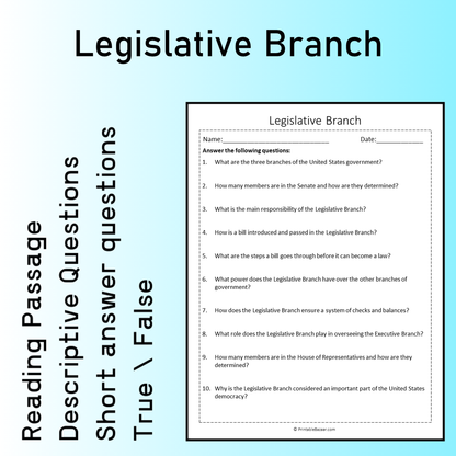 Legislative Branch | Reading Comprehension Passage Printable Worksheet