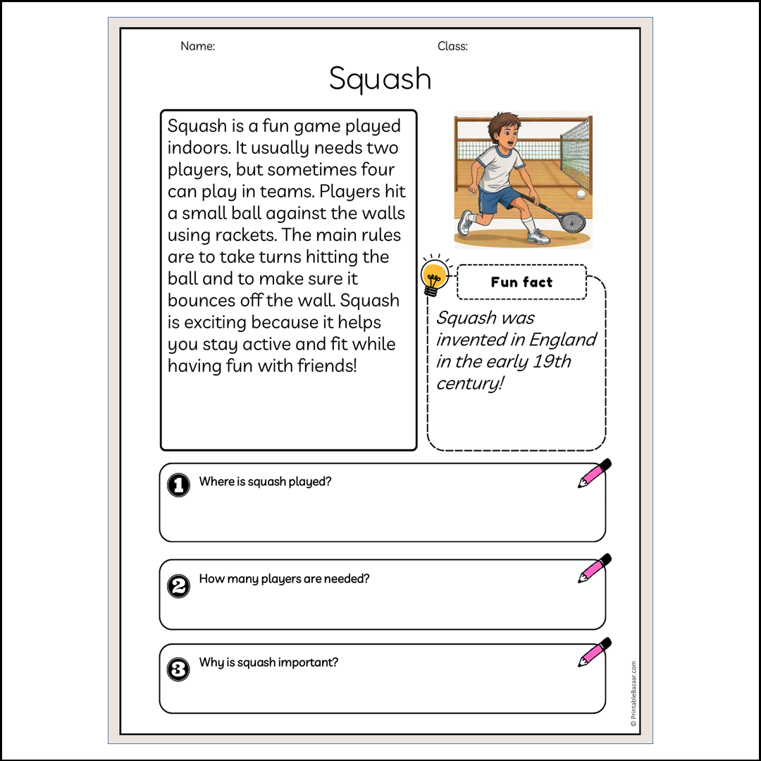 Squash | Reading Passage Comprehension Questions Writing Facts Worksheet