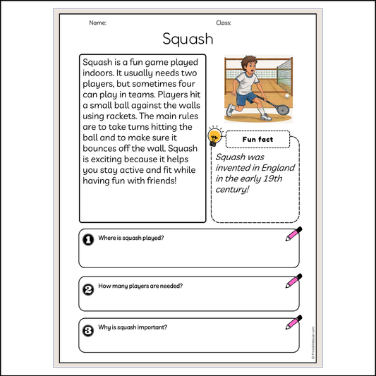 Squash | Reading Passage Comprehension Questions Writing Facts Worksheet