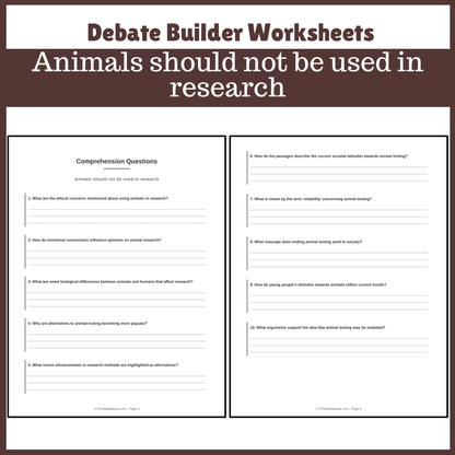 Animals should not be used in research | Favour and Against Worksheet Printable Activity