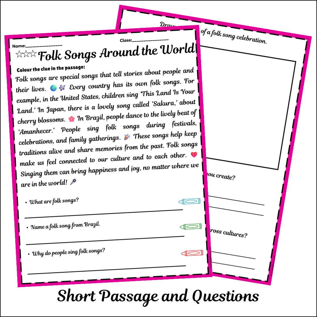 Folk Songs Around the World | Short Reading Comprehension Creative Worksheet
