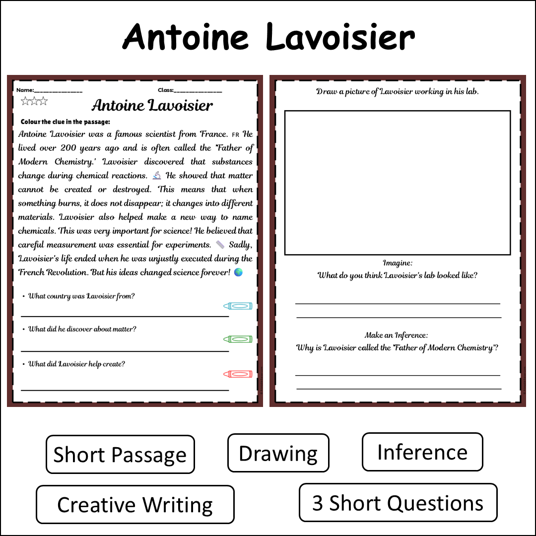 Antoine Lavoisier | Short Reading Comprehension Creative Worksheet
