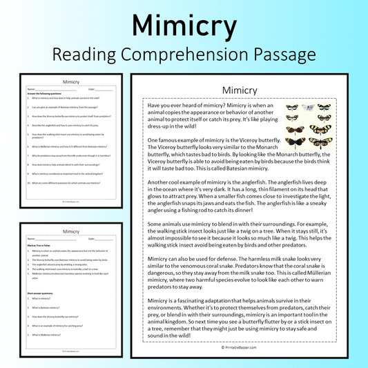 Mimicry | Reading Comprehension Passage Printable Worksheet