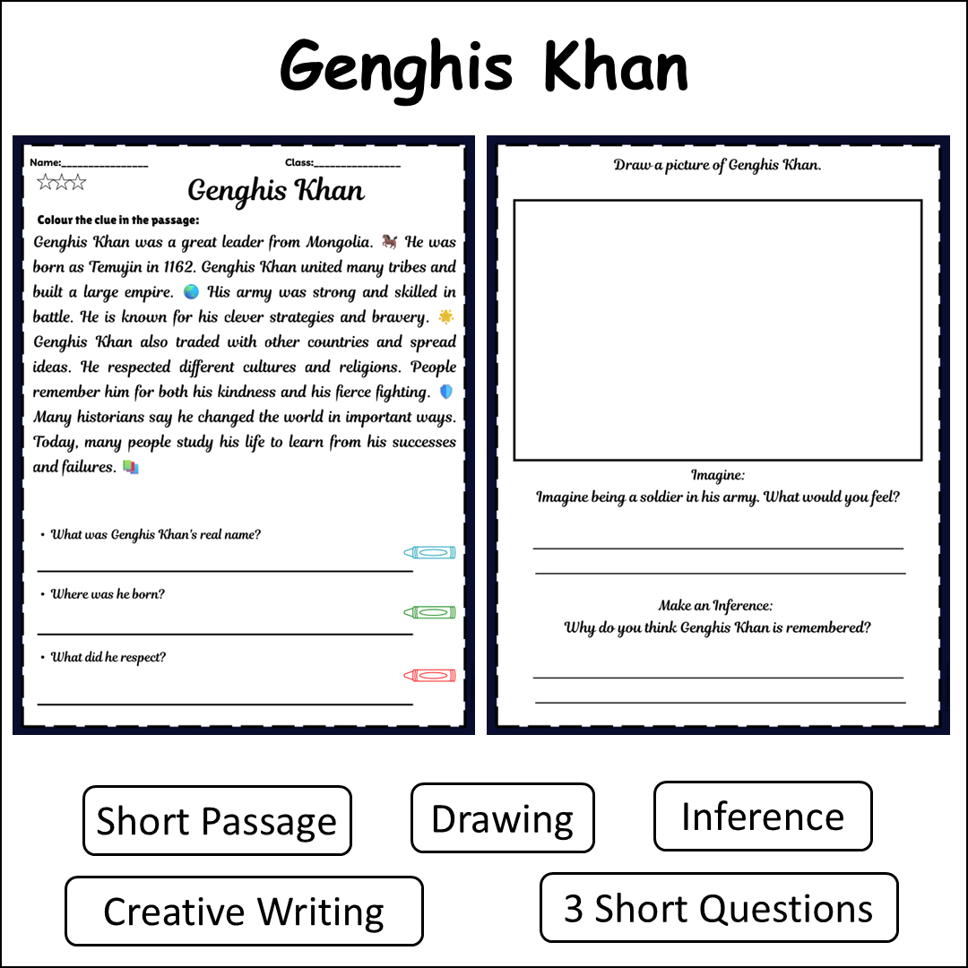 Genghis Khan | Short Reading Comprehension Creative Worksheet