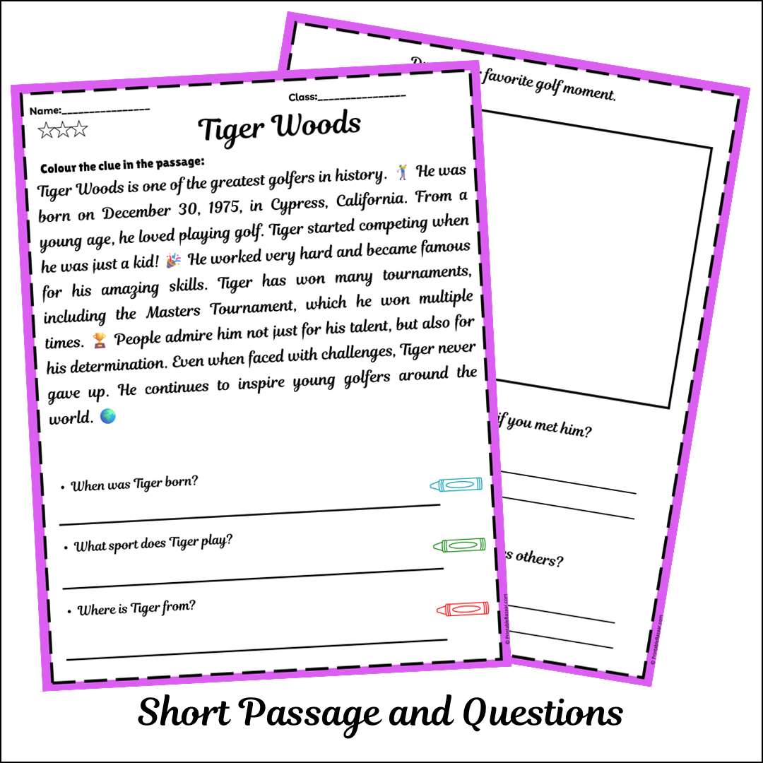 Tiger Woods | Short Reading Comprehension Creative Worksheet