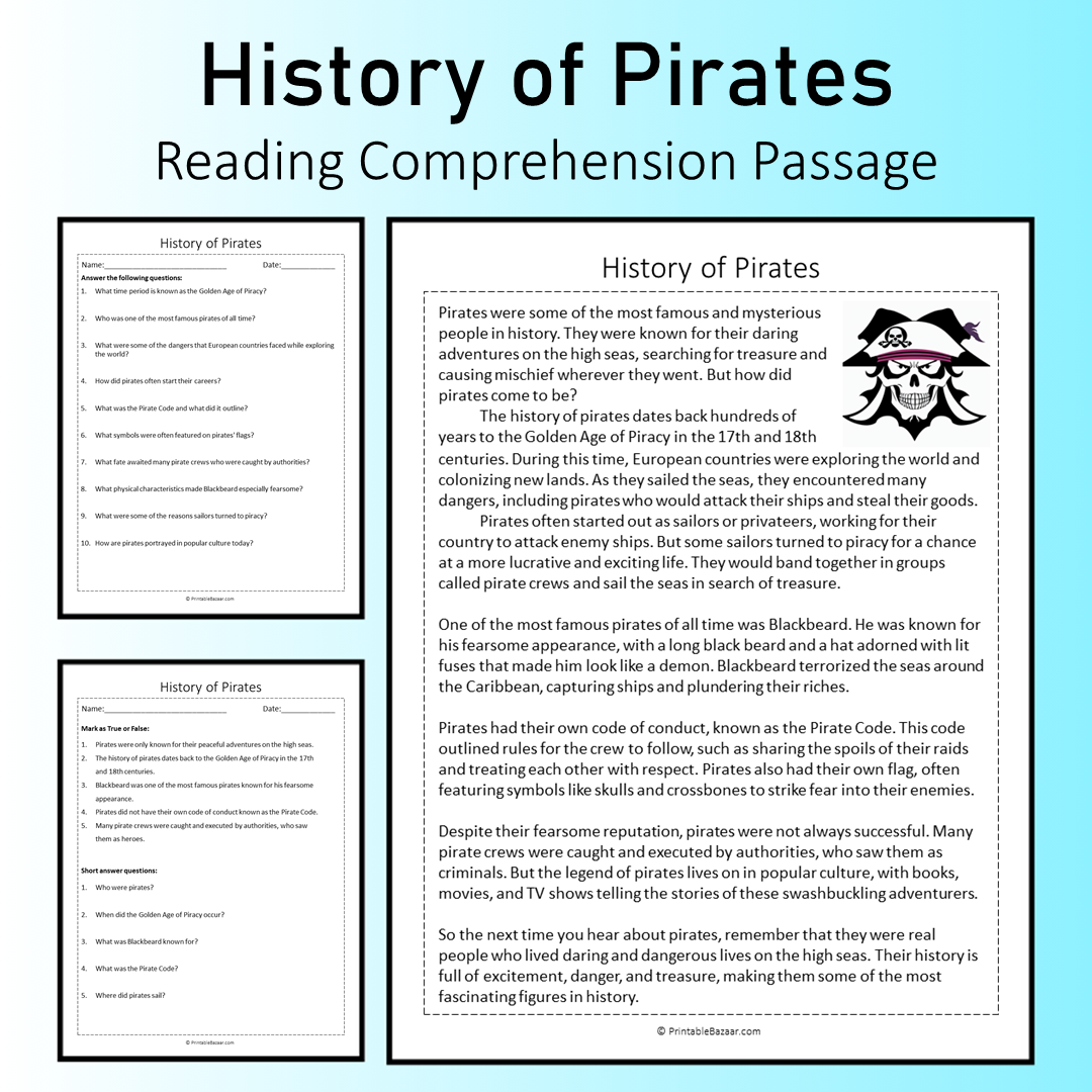 History of Pirates | Reading Comprehension Passage Printable Worksheet
